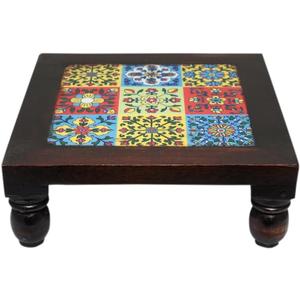 8 inches Small Wooden Wood Chowki with 9 Colorful Tiles Embedded on Bajot Square Shape Decorative Design for Pooja Items