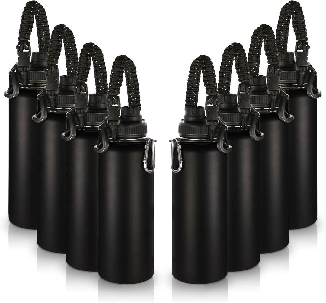 Volhoply Insulated Water Bottles Bulk 8 Pack, 40 oz Stainless Steel Sports Bottle with Paracord Handle & SpoutLid, Double Walled Metal Cups with Wide Mouth, Reusable Adult Water jug (Black,8 Set)