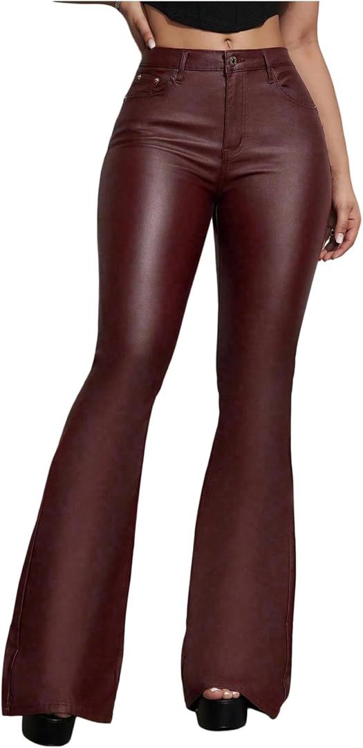 WDIRARA Women's Faux Leather Flare Pants Stretchy Skinny Leggings Bootcut Pants, Large