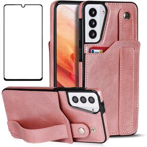 NKECXKJ Design for Samsung Galaxy S21 5G Phone Case with Screen Protector Adjustable Wrist Strap Kickstand Credit Card Slot Slim Shockproof Hybrid Rugged Protective Cover for Women 6.2 inch Rose Gold