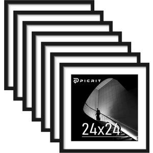 Picrit 24x24 Black Poster Frame 7 Pack, Display Pictures 20 x 20 Picture with Mat or 24 x 24 without Mat for Horizontal or Vertical Wall Mounting, Wall Gallery Photo Frames