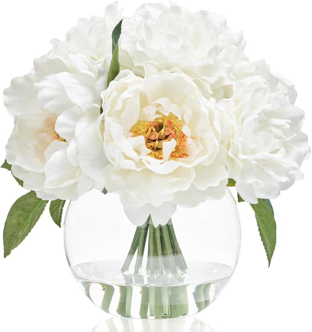 WELL KNOWN Artificial Flowers in Vase, Peonies Artificial Flowers for vase with Faux Water for Coffee Table Decor, Silk Fake Flower Arrangements Peonies Table Centerpieces (White) (Ivory)