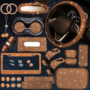 25PCS Bling Car Car Accessories Set,15 Inch Steering Wheel Cover,Shiny License Plate Frame,Center Console Cover and Rearview Mirror Set and Other Car Accessories(Orange)