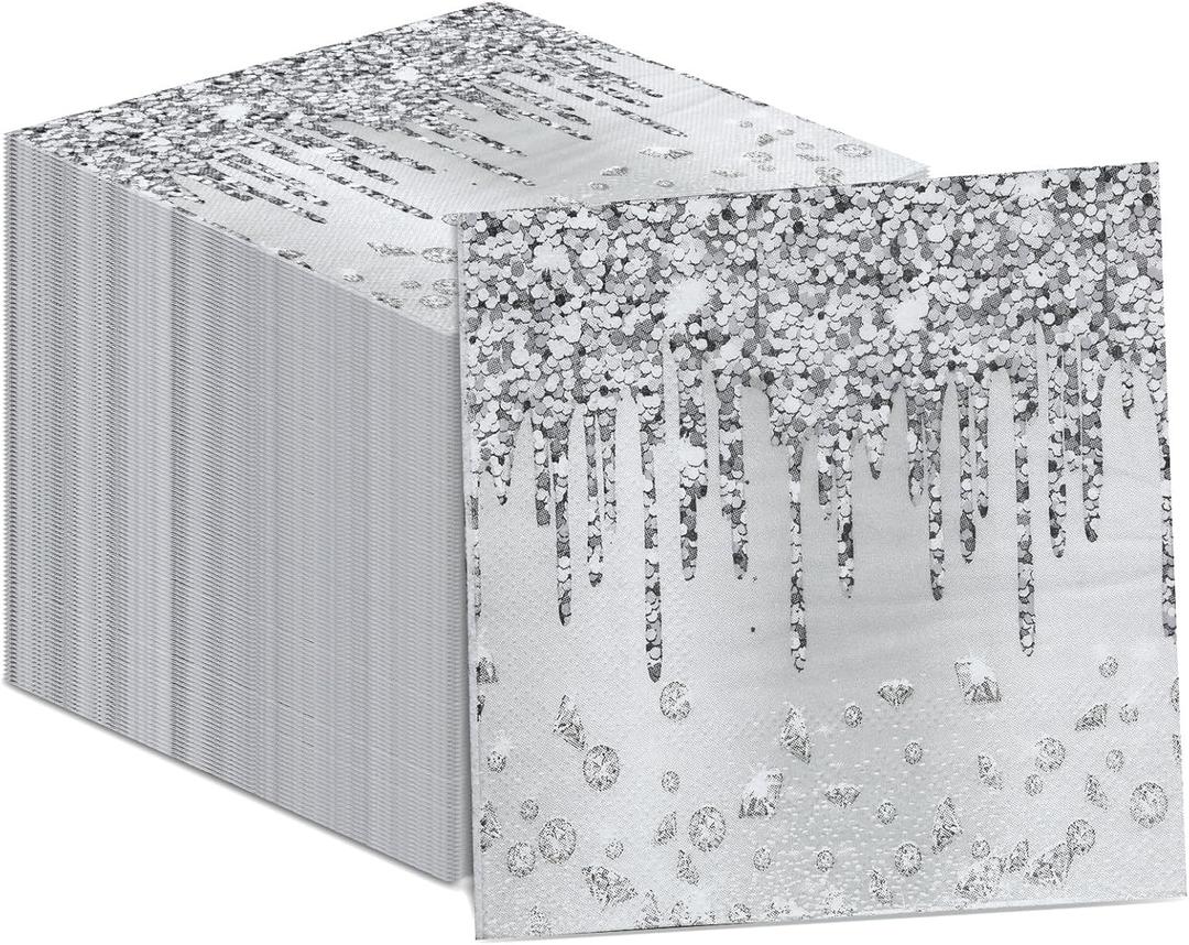 100PCS Silver Party Paper Napkins Happy Birthday Supplies Glitter Decorations Silver Diamond Theme Disposable Paper Lunch Napkins for Adults Kids Birthday Wedding Bridal Shower Favors