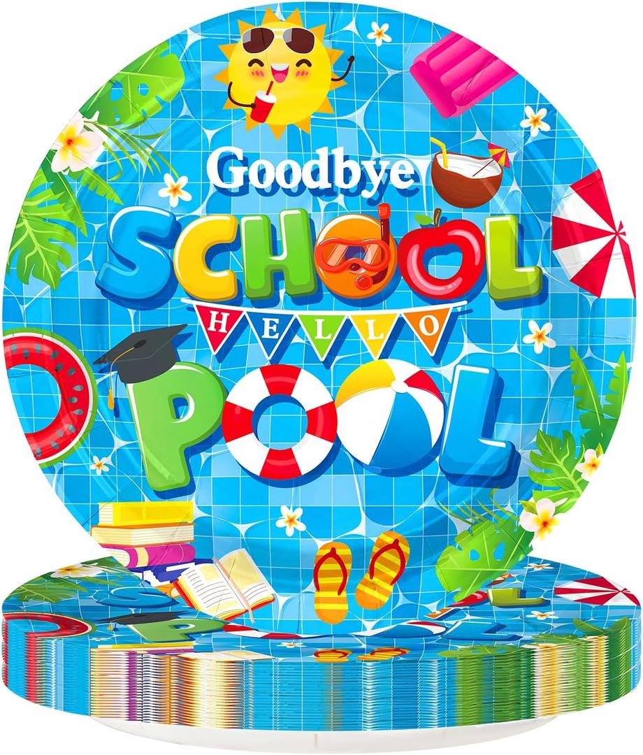 50Pcs Goodbye School Hello Pool Party Decorations Last Day of School's Pool Paper Plates 9" Disposable Summer Class End of School Year Party Decorations for Graduation Preschool Vacation Supplies