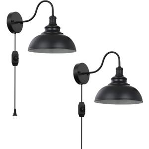 Black Gooseneck Industrial Wall Sconces E26 Base with Plug in Wall Lamp Dimmer Switch Vintage Style Wall Light Fixture for Farmhouse Bedroom Bedside Nightstand Headboard Porch Garage of 2 Set Packs (Medium Size 10.23 Inch 2 Pcs)