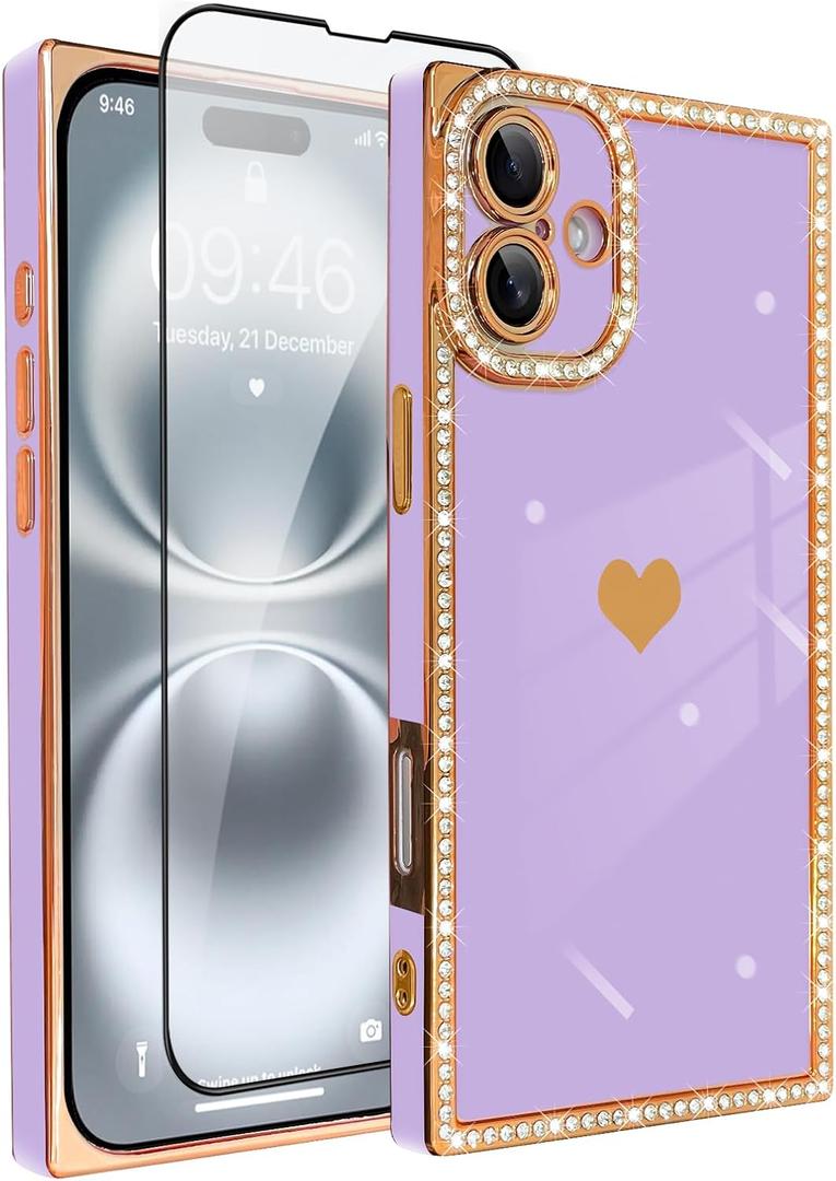 for iPhone 16 Case Cute Love Heart Plating for Women, with Screen Protector, Glitter Sparkle Rhinestone Diamond Border Design Slim Rectangle Wireless Protection Case Cover, Purple