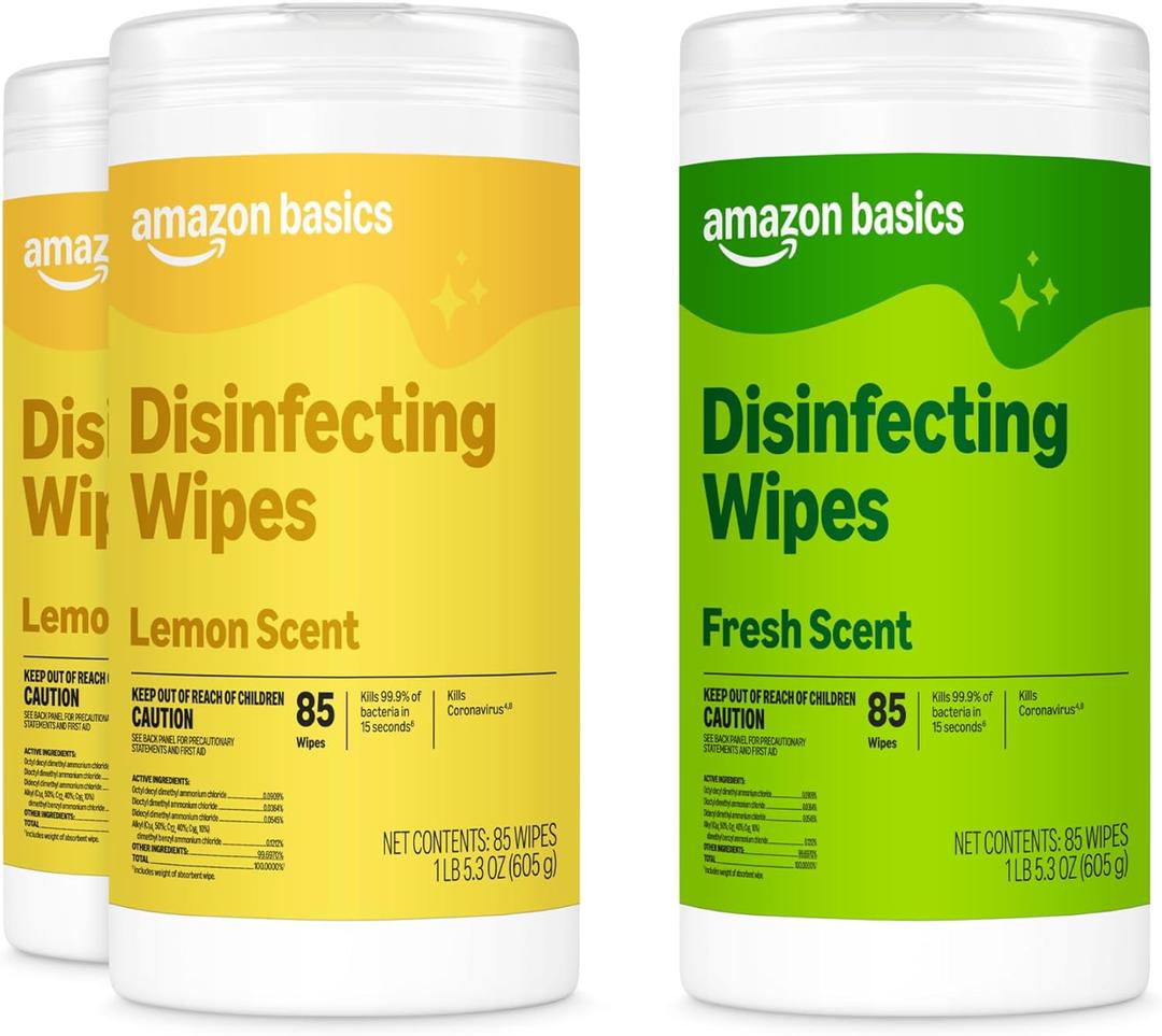 Amazon Basics Disinfecting Wipes, Lemon & Fresh Scent, Sanitizes, Cleans, Disinfects, Deodorizes, 340 Count (3 Packs of 85)