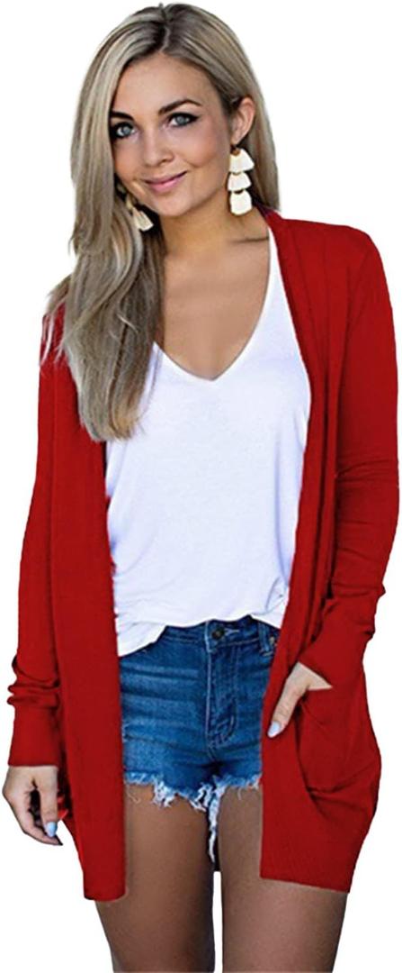 Women's Casual Cardigan 2025 Spring Lightweight with Pockets Open Front Basic Long Sleeve Loose Shirts (XX-Large, Red)