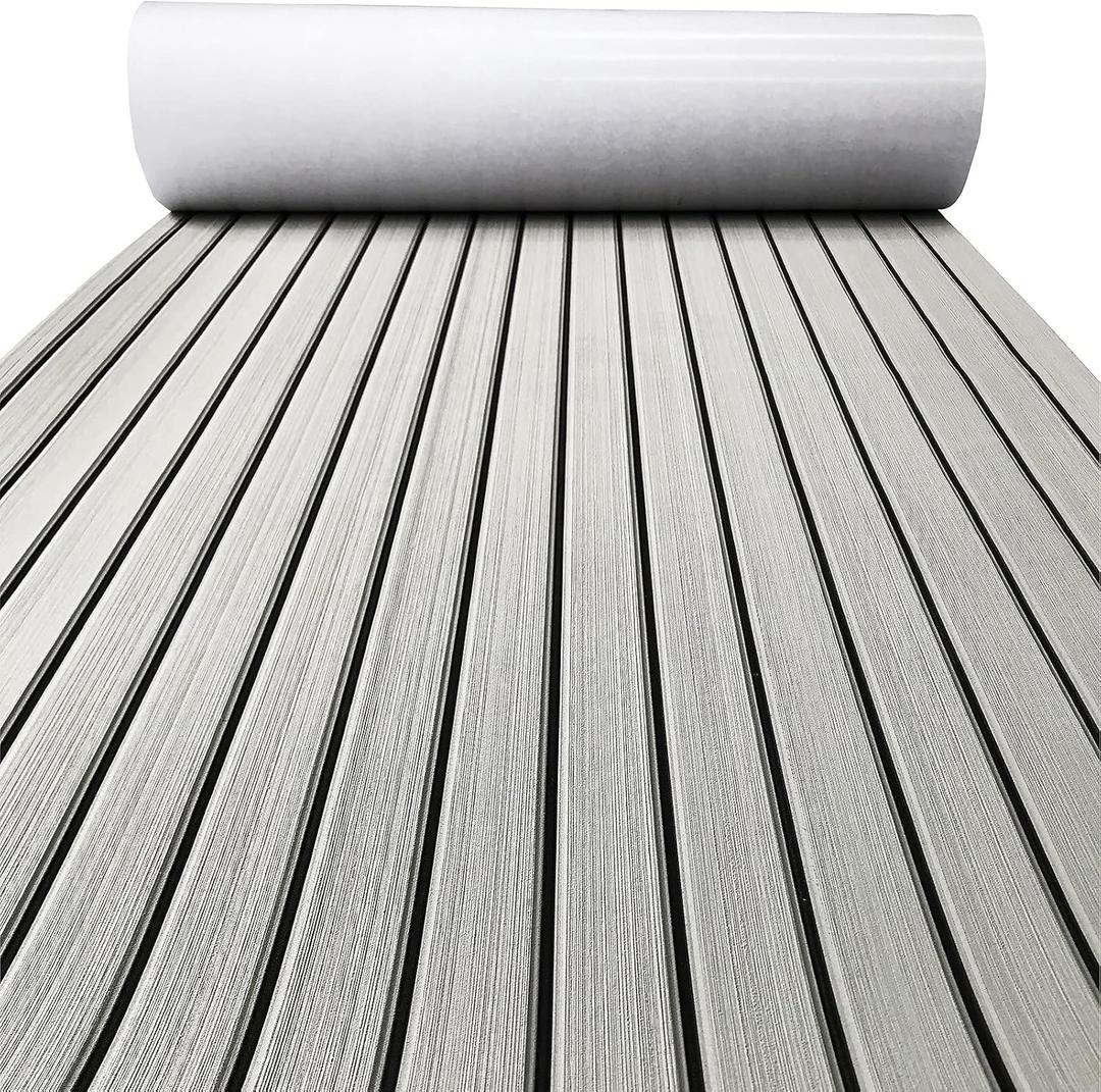 KXKZREN Boat Flooring EVA Foam Decking Sheet Faux Teak Marine Mat Marine Carpet Cooler Tops Non-Slip Self-Adhesive Flooring for Motorboat RV Yacht Kayak Swim Platform (44 x 94 inch, Grey With Black Seam Lines)