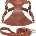 Beirui Stylish PU Leather Dog Harness and Leash Set for Small Dogs, Adjustable Step in Dog Vest Harness with Breathable Mesh Lining and Durable Metal Buckle for Walking Traveling(Brown,M)