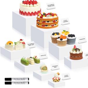 Blosssound 8 Pieces White Acrylic Risers Display Stands and 8 Signage 2 Markers, Cube Hollow Bottoms Buffet Risers for Table Display Catering Dessert Food Collectibles Show, Assorted Sizes