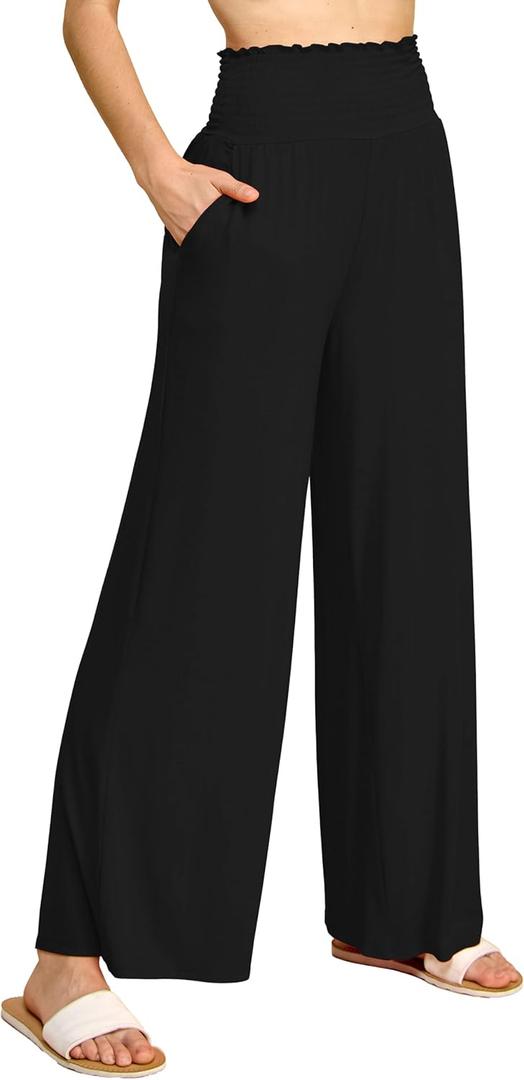 Made By Johnny Women's Elastic High Waisted Palazzo Pants Casual Wide Leg Long Lounge Pant Trousers with Pocket (3X-Large, Wb2389_black)