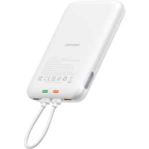 charmast 10000mAh Wired Portable Charger, 20W Fast Charging Slim Power Bank with Removable Cable for iPhone & Android, Hand-Free Battery Pack with Digital Display for Short Travel (No-Wireless) (White)