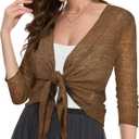 Summer Bolero Shrugs for Women Sheer Short Tie Front Cardigans for Dress 3/4 Sleeve Tops (Coffee, M)