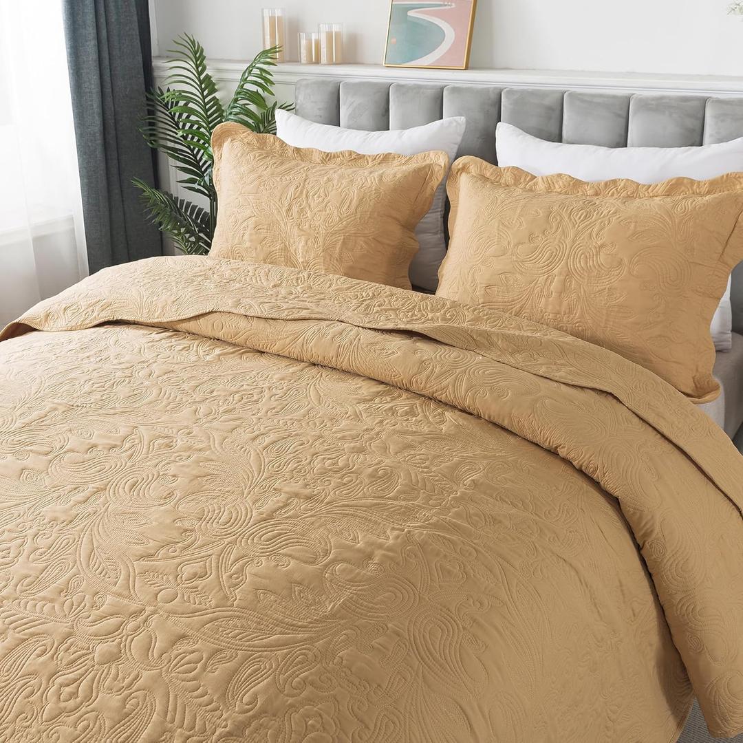 HoneiLife Embroidered Quilt King Size - 3 Pieces Microfiber Quilt Sets Lightweight Bedspreads Reversible Coverlets Retro Bed Cover Paisley Pattern Bedding Set All Season Quilts-Yellow (King-106" x 96")