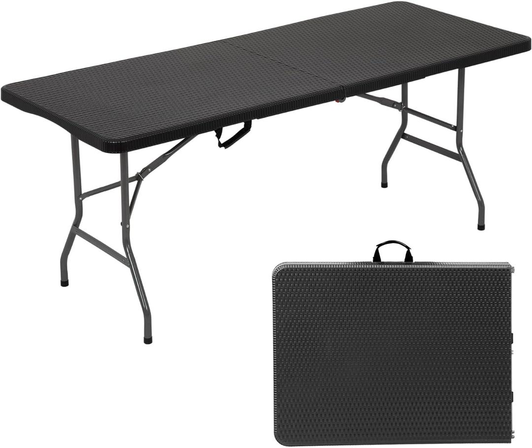FDW 6 Foot Outdoor Dining Table, Foldable Portable Rectangular Plastic Folding Table with Built in Carrying Handle for Party and Wedding Use, Black Ratten
