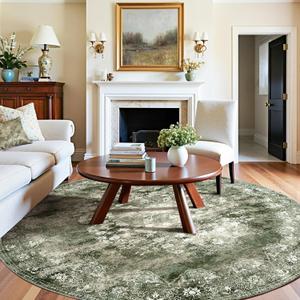 jinchan Round Rug 8ft Area Rug - Green Vintage Floor Mat Kitchen Indoor - Washable Circle 8' Thin Floral Print Carpet Retro Farmhouse Non Slip Dining Room Living Room Bedroom Office (8' x 8' (Round Buttery Soft), Fairyland Forest Green)