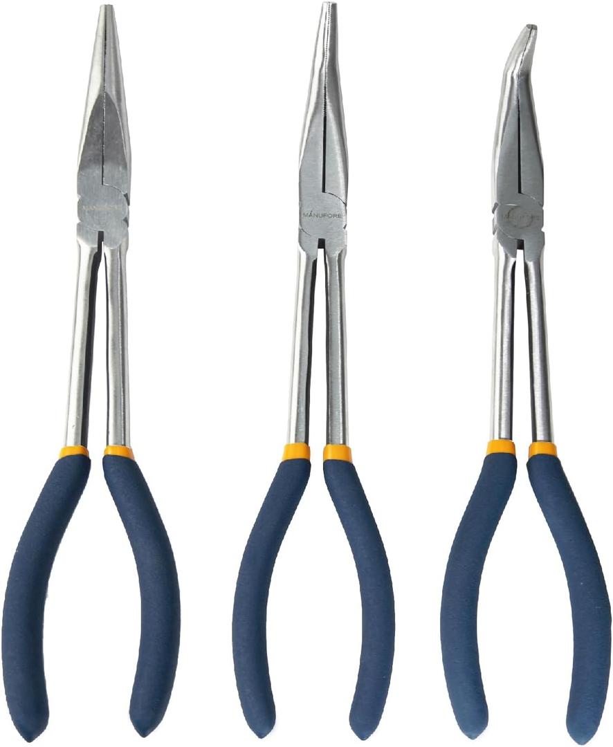MANUFORE 11 in Long Reach Needle Nose Pliers 3-Piece Set - Straight, 45 Bent, and 90 Bent Heads - Household Tool Kit for Electrical, Repair, DIY