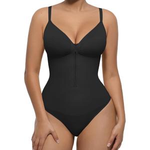 FeelinGirl Shapewear Bodysuit Tummy Control for Women Zip-Up Shapewear Thong Waist V Neck Body Shaper Going Out, Medium (Black)