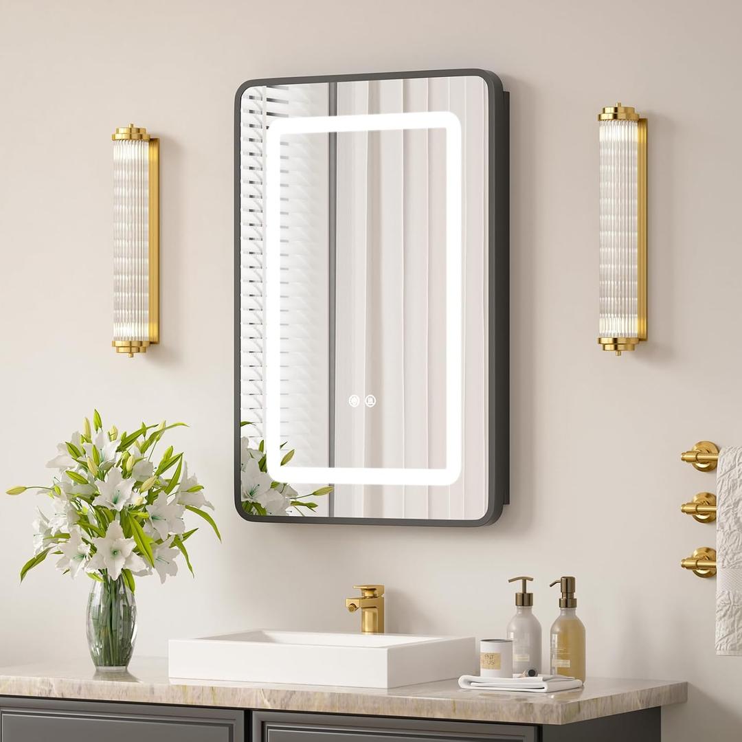 16x24 LED Medicine Cabinet with Mirror, Lighted Mirror Cabinet for Bathroom with Dimmable 3-Color Lights, Anti-Fog with HD Tempered Glass,Recessed or Wall Mount Medicine Cabinet with Lights