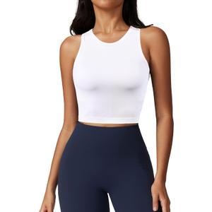 ATTRACO Workout Tank Tops for Women Seamless Full Length Gym Tops Athletic Yoga Top Built in Bra (X-Large, White Crop)
