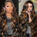 Highlight Ombre Lace Front Wig Human Hair Body Wave Lace Front Wigs Human Hair Pre Plucked 13x6 1B/30 Brown Highlight Wig 200 Density Colored 22 Inch Balayage Glueless Wigs for Women