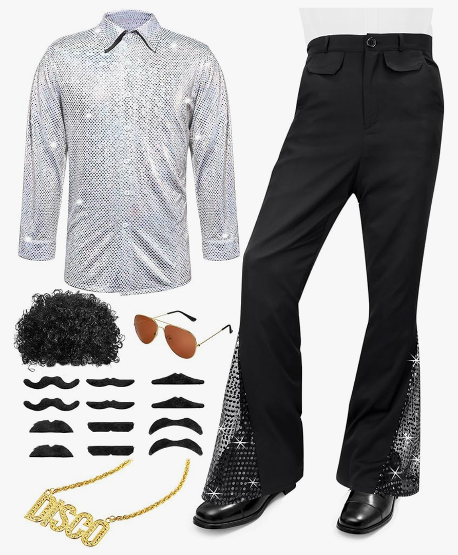 Mepase 70s Disco Boys Kids Outfit Costume Bell Bottom Pants Disco Shirts for Halloween Dress Up 11-12Years