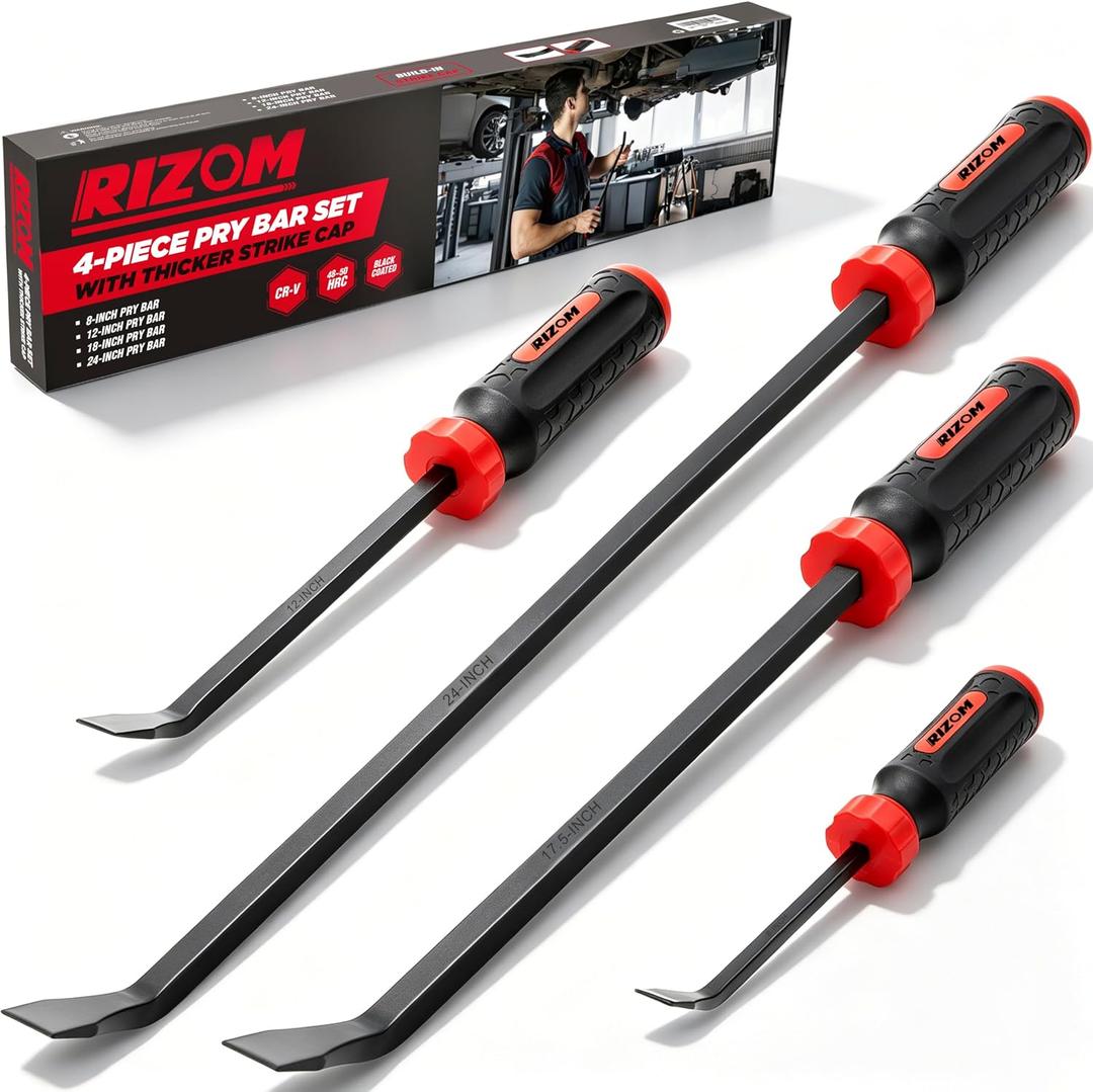 Rizom Pry Bar Set, 8", 12", 17.5" and 24" Heavy Duty Pry Bar with Strike Cap Handle, 4-Piece Mechanic Hand Tools with Angled Tip for Prying, Lifting and Pulling Objects