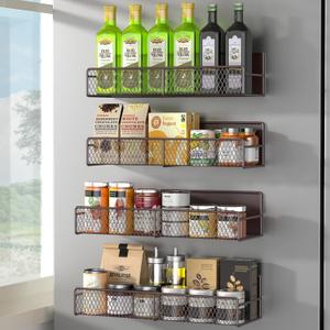 Magnetic Spice Rack for Refrigerator, 4 Pack 100% Metal Strong Magnet Fridge Shelves, Space Saving Spice Organizer, No Drilling Moveable Home Kitchen Laundry Room Storage Organization, Brown
