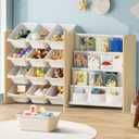 Kids Toy Storage Organizer - Toy Organizer with Bookshelf, Toy Storage with 12 Toy White Bins and 4 Book Shelves, Toy Organizers and Storage for Playroom, Nursery, Kids Room, Burlywood
