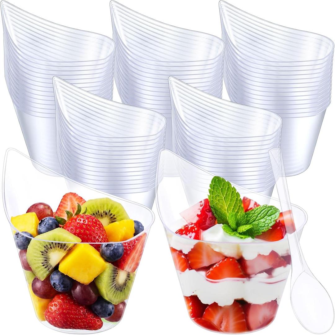 50 Pack 7 Oz Clear Plastic Dessert Cups with Tasting Spoons, Appetizer Cups Yogurt Parfait Bowls with Spoons for Party Supplies Catering Chocolate Desserts Buffet Food Display