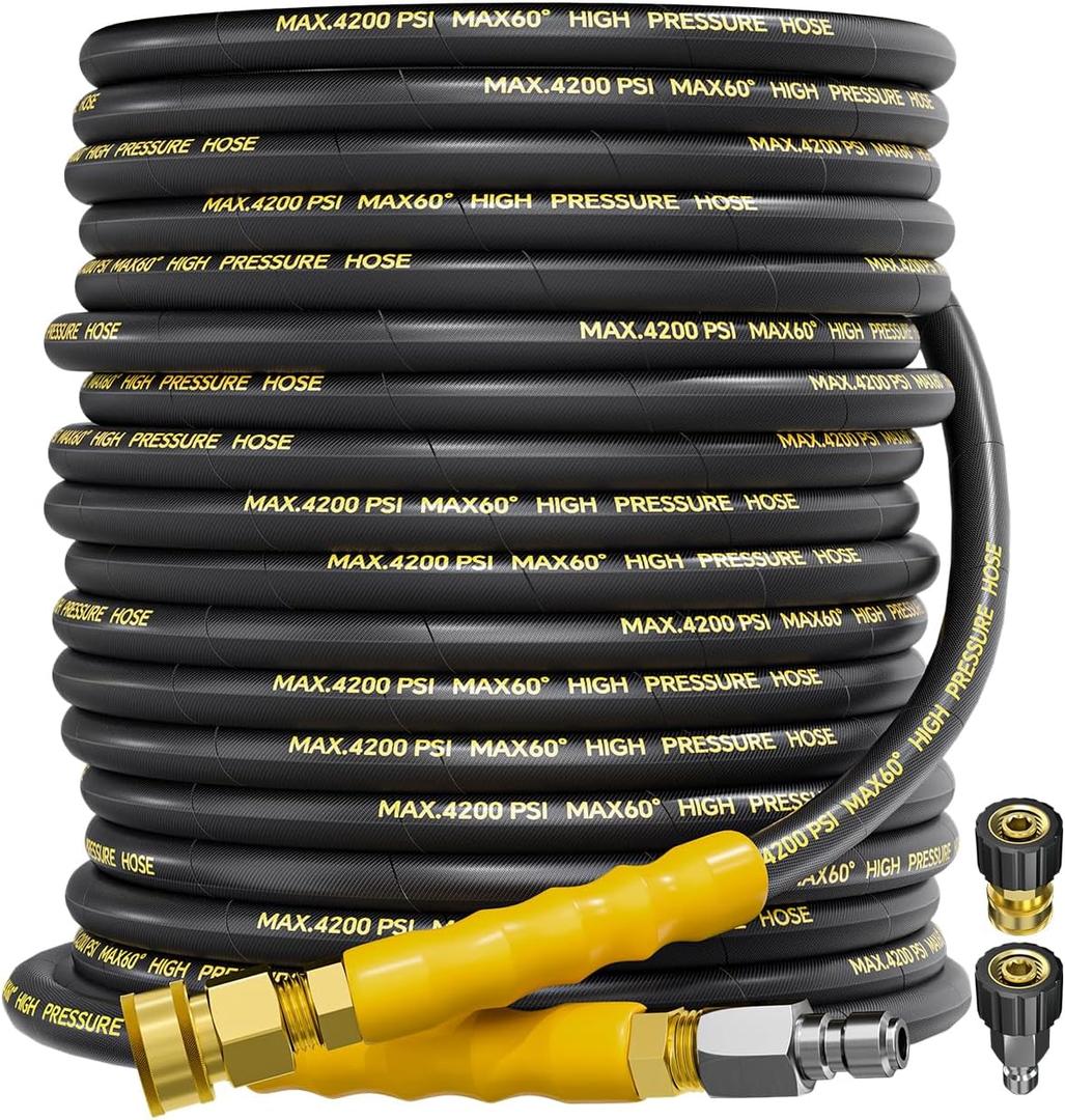 4200PSI Pressure Washer Hose 75FT with 3/8" Swivel Quick Connect for Cold/Hot Water, Kink Resistant Steel Wire Braided,1/4" Wear Resistant Power Washer Hose with 2 M22 14mm Adapter Set