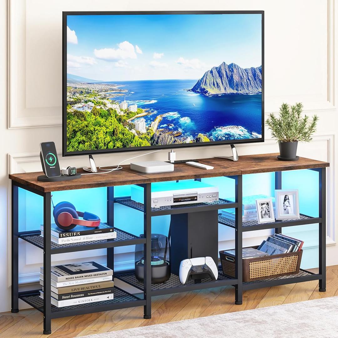YGEOMER TV Stand for TVs Up to 55 Inches, Entertainment Center with Power Outlet and LED Lights Open Storage Shelves, TV Media Console Table for Living Room and Bedroom, Rustic Brown