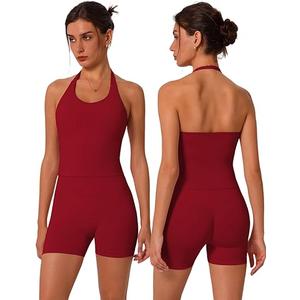 ABOCIW Workout Sets for Women 2 Piece seamless Halter Sports Bra Scrunch Butt Impact Shorts Gym Yoga Outfits (Small, Burgendy Red)