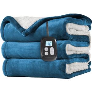 LaffyLo Electric Heated Blanket Full Size 72 x 84, Fast Heating Blanket, Dual-Sided Flannel Sherpa, 10 Heat Settings, 1-12 Hour Auto Off, Machine Washable, Lake Blue
