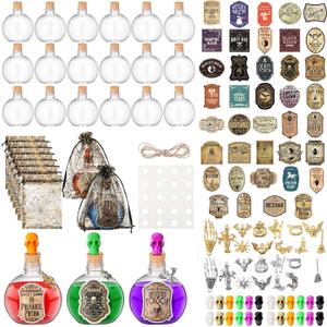 139 Pcs Halloween Potion Bottles Decorations Indoor Apothecary Plastic Bottle Set Witch Potion Jars with Stickers Pendants for Tiered Tray Decorations Halloween Party Supplies(Spherical)