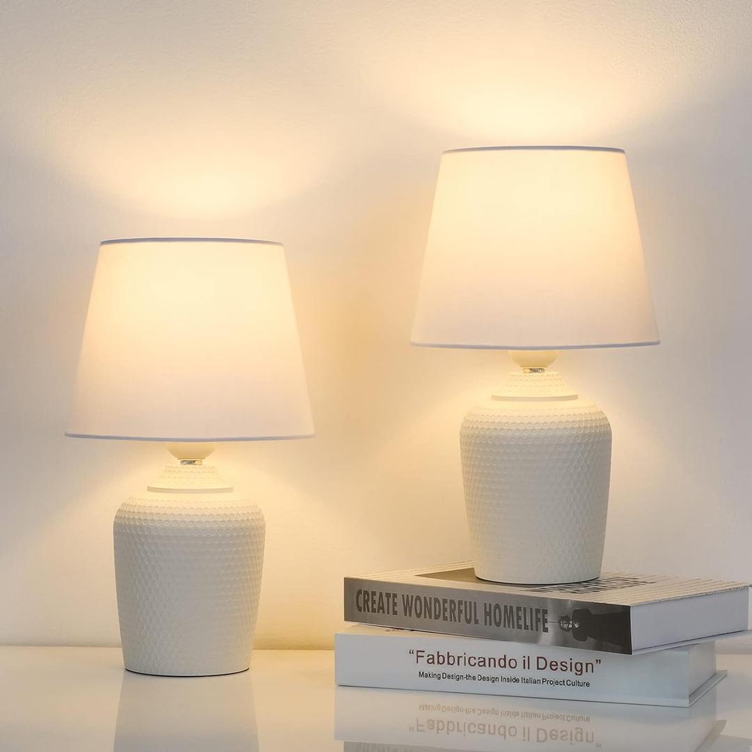 Small Table Lamps Set of 2, Bedside Nightstand Lamps for Bedroom Kids Room, Cute Desk Lamps with Studded Texture Base for Reading Nursery Living Room Office, White (White & White)