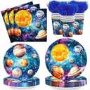 JVORFDG 120pcs Outer Space Plate Napkins Space Birthday Party Supplies Solar System DisposableTableware Set Paper Cups Blue Forks for Kids Boys Birthday Party 24 Guests