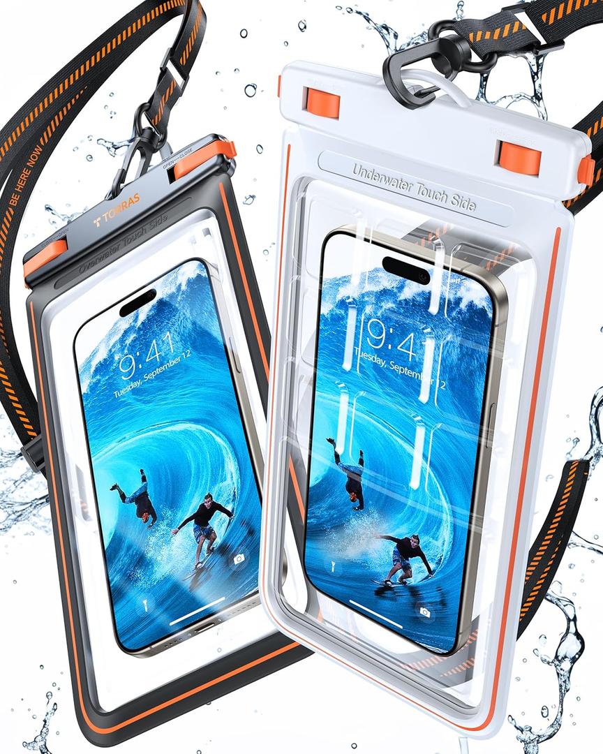 TORRAS 2 Pack IPX8 Waterproof Phone Pouch Floating, Underwater Screen Touchable, Waterproof Phone Case with Lanyard for iPhone 16 Pro Max 15 14 13 S25 Ultra S24, Cell Phone Dry Bag 7.0", Black & White