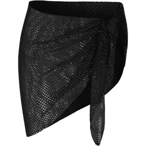 ZAFUL Sarong Coverups for Women Beach Vacation Fishnet See Thru Tie Side Bathing Suit Cover Up Mini Skirt (1-Black, One Size)