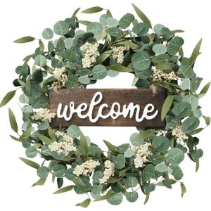 Sggvecsy Green Eucalyptus Wreath with Welcome Sign 20in Artificial Spring Summer White Berries for Front Door Wall Window Festival Farmhouse Porch Patio Garden Decor, White,green (20 inches, 1 Pcs)