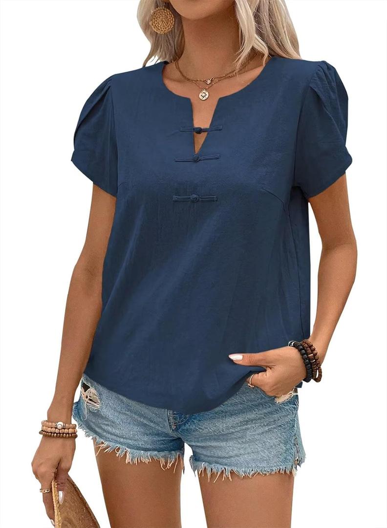 Summer Tunic Tops for Women Blouses Dressy Casual Cute Summer Tops 2025 Trendy V Neck Short Sleeve T Shirts Navy Blue Petal Sleeve Shirts Button-Up Spring Cotton Vacation Fall Tulip Beach M