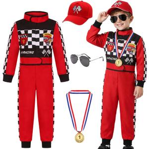 Kids Race Car Driver Costume Set Boys Girls Racer Jumpsuit Halloween Racer Cosplay Dress Up (5-6 Years)