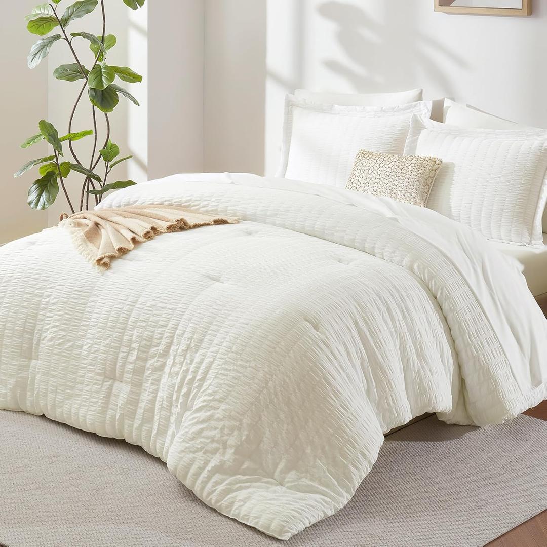 CozyLux Queen Comforter Set Ivory Seersucker 7 Pieces Bed in a Bag Queen Comforter Set with Sheets, Luxury Soft Bedding Sets with Down Alternative Comforter, Sheets, Pillowcases & Shams for All Season