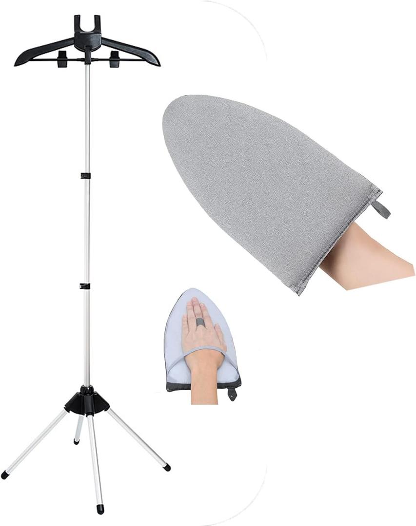 Clothes Steamer Stand Hanger with Steamer Ironing Glove for Steaming Clothes, Handheld Garment Steamer Rack with Grey Mini Handheld Ironing Pad Board