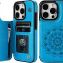  Compatible with iPhone 16 Pro Case Wallet with Card Holder, Embossed Mandala Pattern Flower PU Leather Double Buttons Flip Shockproof Cover for Magnetic Car Mount 6.3 Inch (Blue)