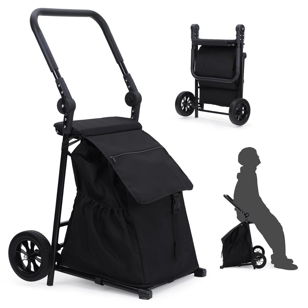2-in-1 Foldable Grocery Cart with Seat, Portable Utility Cart & Hand Truck, 32.5 Gal Removable Waterproof Bag, Heavy Duty Collapsible Shopping Trolley, 132 lbs Capacity, Black