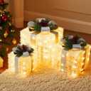 Christmas Lighted Gift Boxes, 3 Pieces Lighted Gift Boxes 11" 9" 7" with Pre-Lit Mini String Lights Outdoor Christmas Decorations (Silver Bow)
