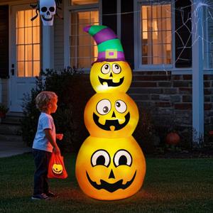 Prsildan Halloween Inflatables Stacked Pumpkins with Witch Hat, 5 Ft Blow up Outdoor Decoration with Build-in LED Lights for Garden Yard Lawn Holiday Party